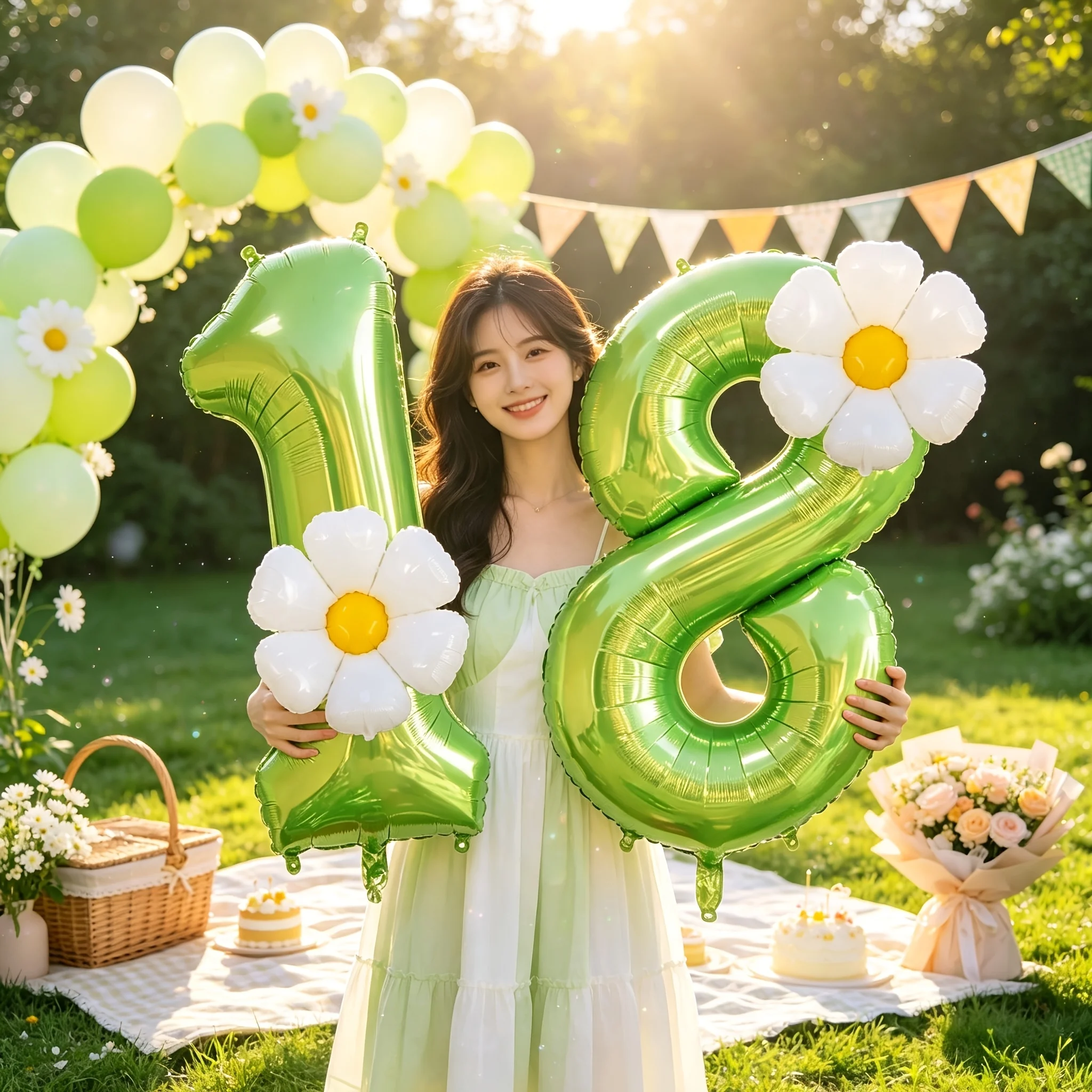 32inch Fresh Green Number 0-9 and White Daisy Party Balloon Set for Birthday Party Photo Booth Props Anniversary Celebrations