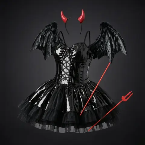 Deri Bodysuit Lolita Etek Seti Kadınlar Için Cosplay Kostüm Hizmetçi Üniforma Takım Elbise Askı Üzerinde Yarasa Imp Tema Noel Partisi