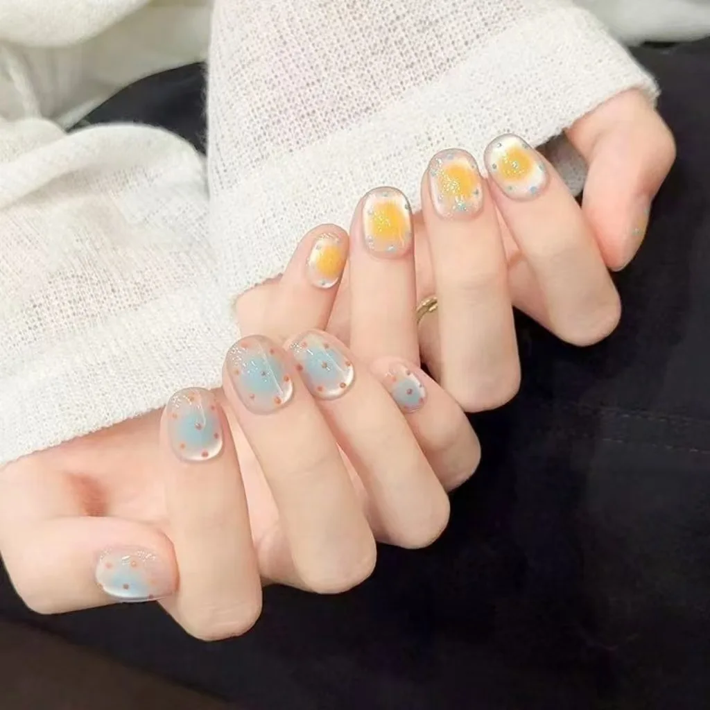 

10pcs Cat Eye Hand-painted Sea Salt Cheese Press on Nails Square Circle Manicure Wearable Nail for Women and Girls False Nail