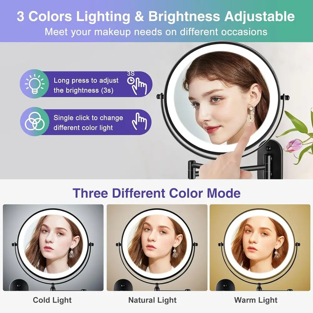 Miroir de maquillage éclairé par LED double face 8.5, grossissement 30X/1X, miroir de vanité de salle de bain noir