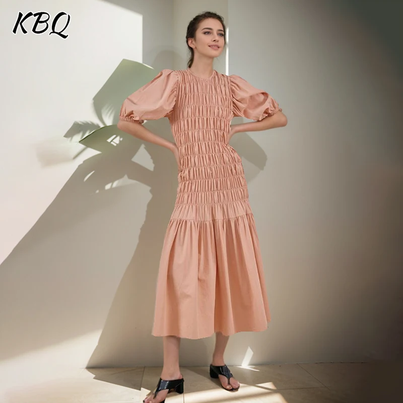 

KBQ Solid Patchwork Folds Minimalist Dress For Women Round Neck Puff Sleeve High Waist Slimming Long Dresses Female Fashion New