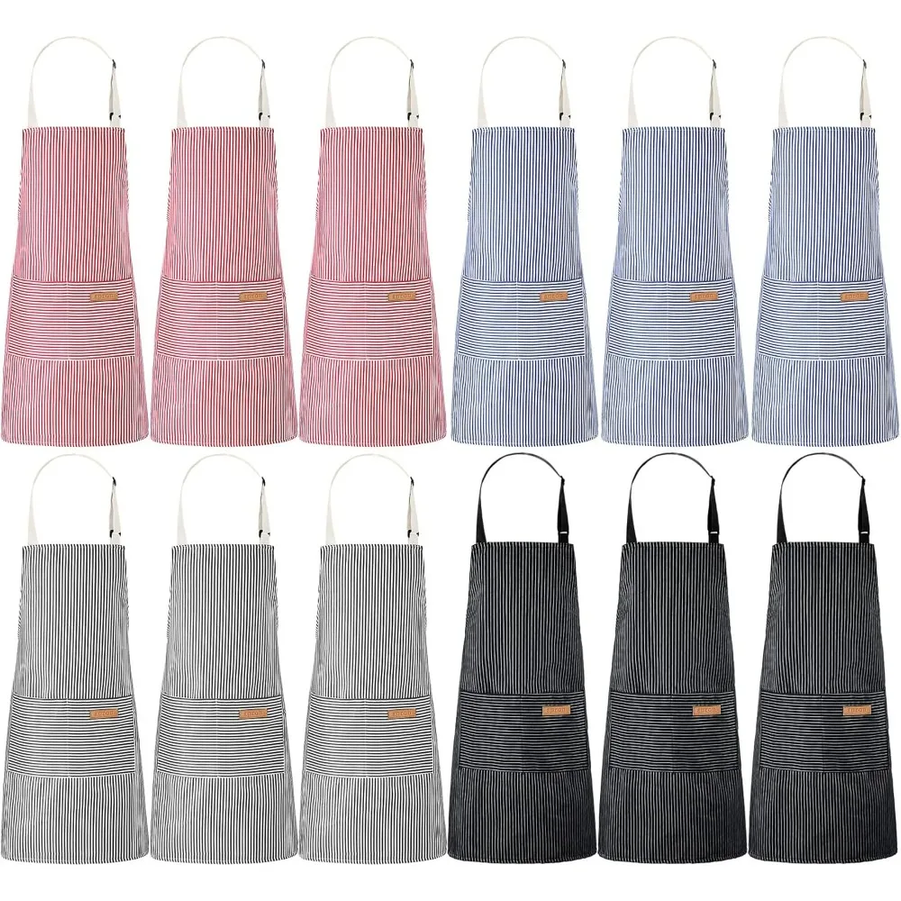 

12 шт. хлопковые фартуки для женщин и мужчин с карманами, мягкие регулируемые фартуки в полоску для приготовления пищи, кухни, шеф-повара