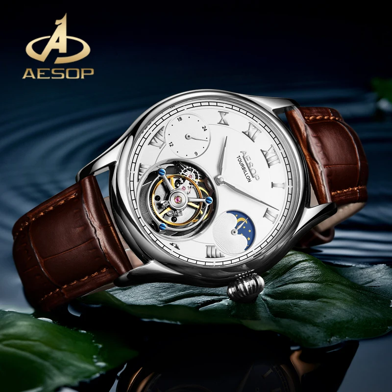 

AESOP Mens Watches Genuine Leather Strap Tourbilion Mechanical Wristwatch Moon Phase Waterproof Multifunction Men Watch