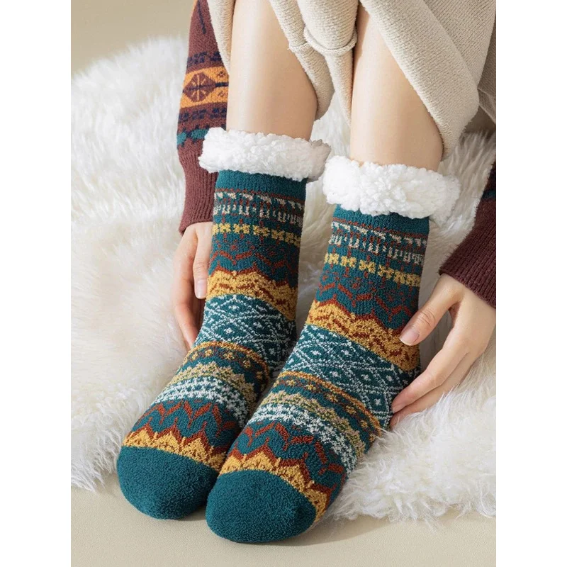 

2025 носки-тапочки из овечьей шерсти, осенние и зимние флисовые утолщенные теплые нескользящие силиконовые домашние носки, носки-трубы в этническом стиле