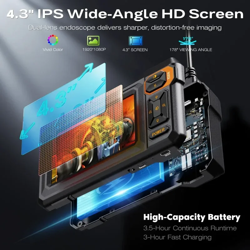 Industrial Endoscope Camera with Light 1920P HD Borescope IP67 Snake Camera for Inspecting Walls, Automotive Engines, Pipes