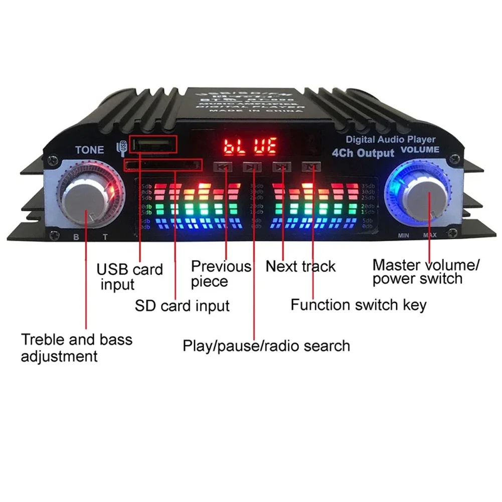 1600W Peak Power HiFi Sound Amplifier Digital 4 Channel Audio Amplifier Bluetooth Karaoke Player FM Radio Support Remote Control