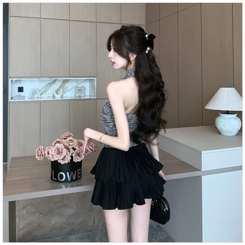 2024 Summer New Dress Sets Women Halter Strapless Tops + High Waist Pleated Skirts Female Korean Style Fashion Two-piece Set