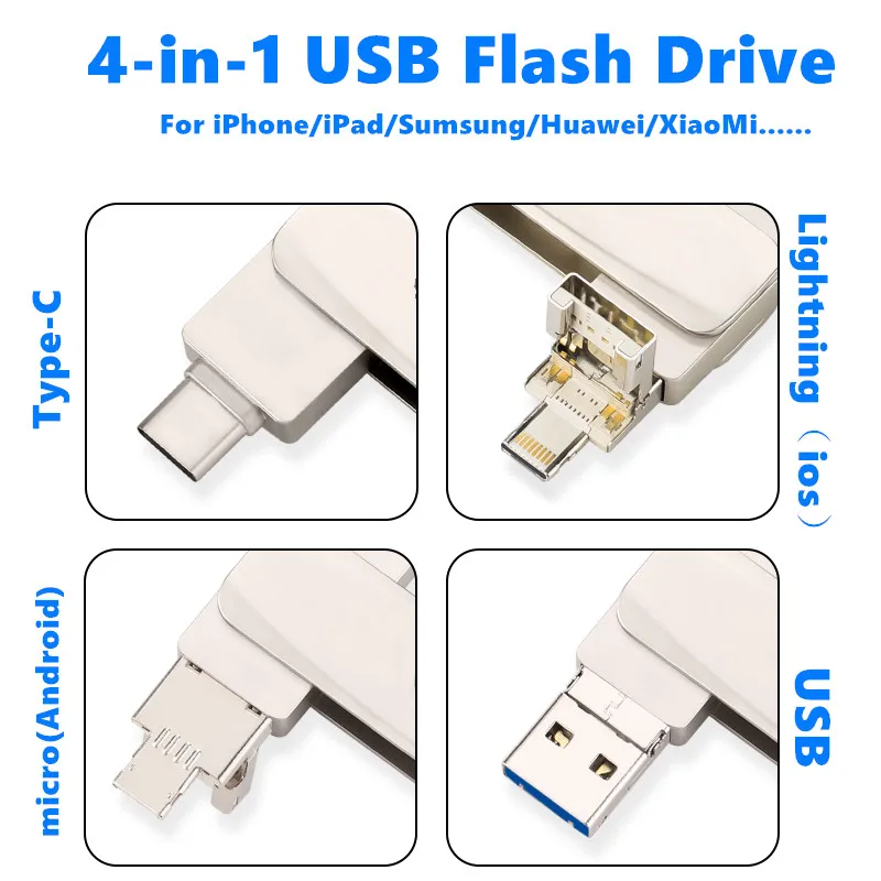 Unidad Flash USB tipo C OTG 4 en 1, Pendrive 3,0, 128GB, 64GB, 256GB, 512GB para teléfono, 15, 14, 13, 12, 11, xMemory Disk