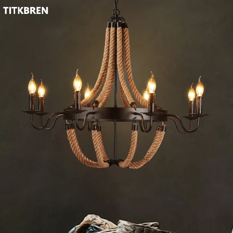 Industrial Retro Rope Chandelier American Village Loft Office Conference Room Guesthouse Workshop 6/8 Head Pendant Lamp Lighting