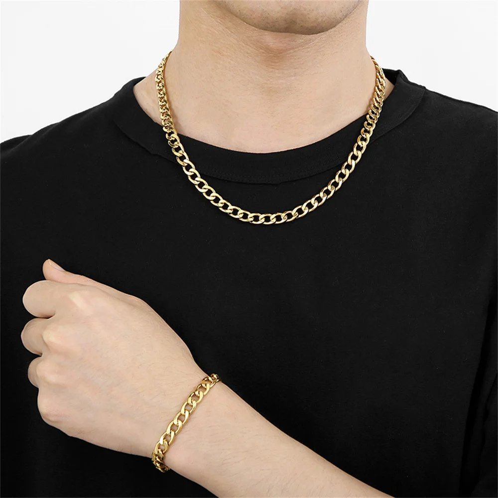 Gold Silver Color Stainless Steel 7mm Cuban Link Chain Bracelets Necklace For Women Men Fashion Party Wedding Jewelry Sets Gifts
