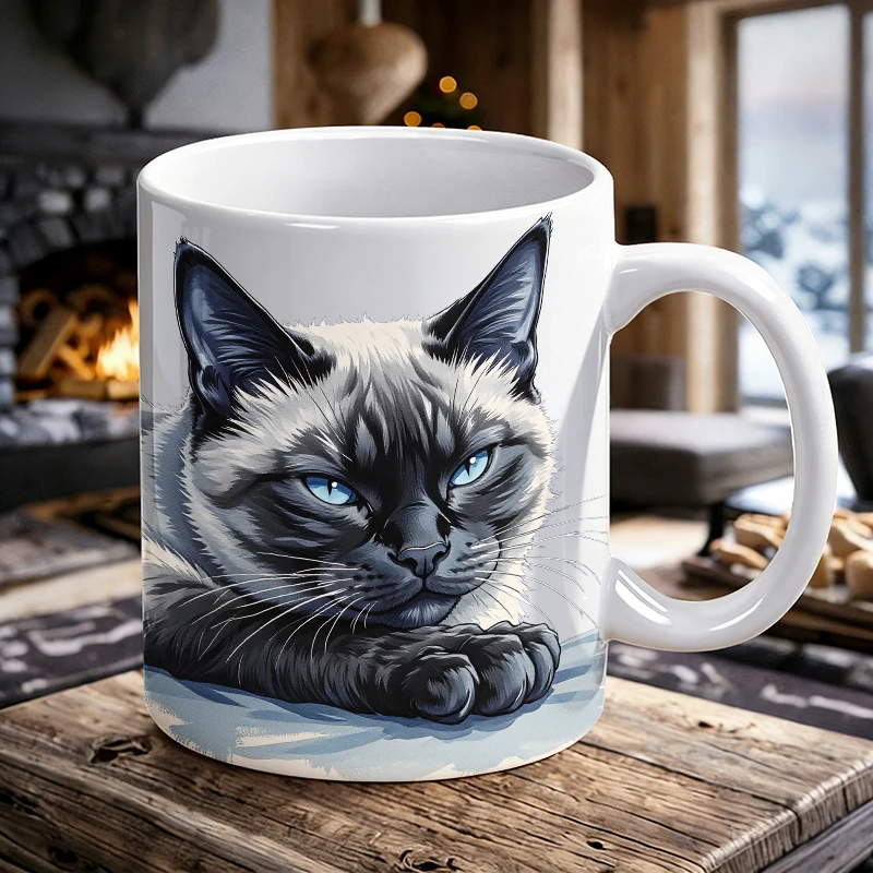 

Elegant Siamese Cat Portrait Ceramic Cup with Handle, Creative Coffee Cup, Milk Cup, Office Tea Cup, Drinking Cup,Fade-Resistant