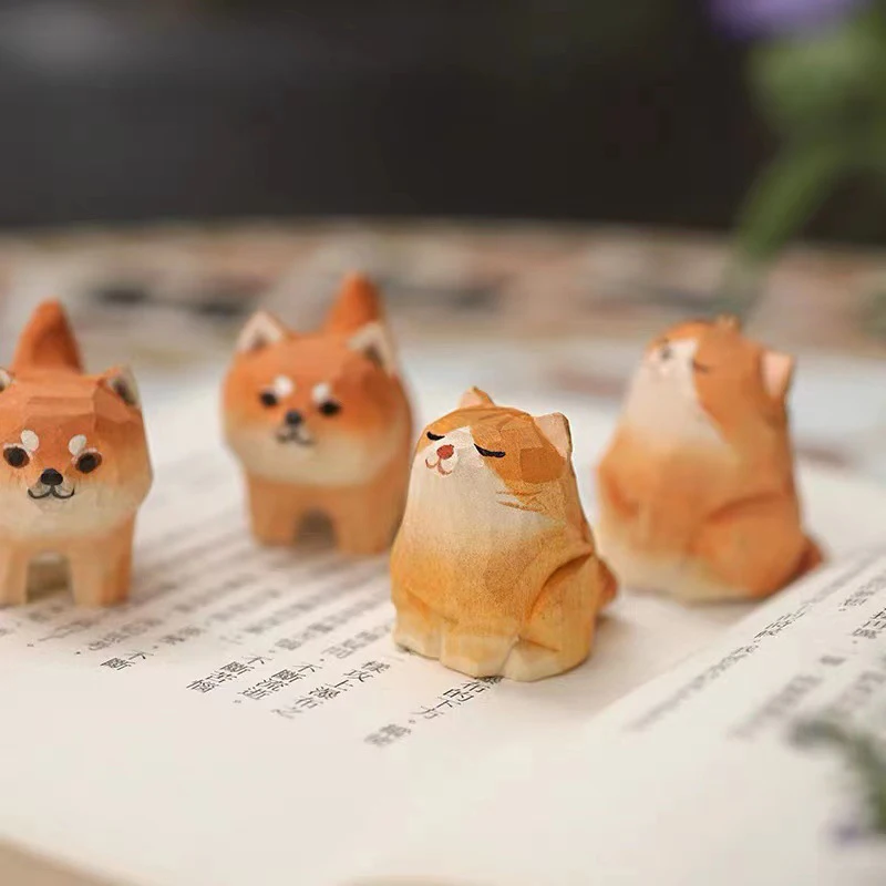 1PC Mini Wooden Animal Figurine Cute Cat Dog Ornaments Animal Wood Carving Decorations Wooden Carving Crafts Home Bar Cafe Decor