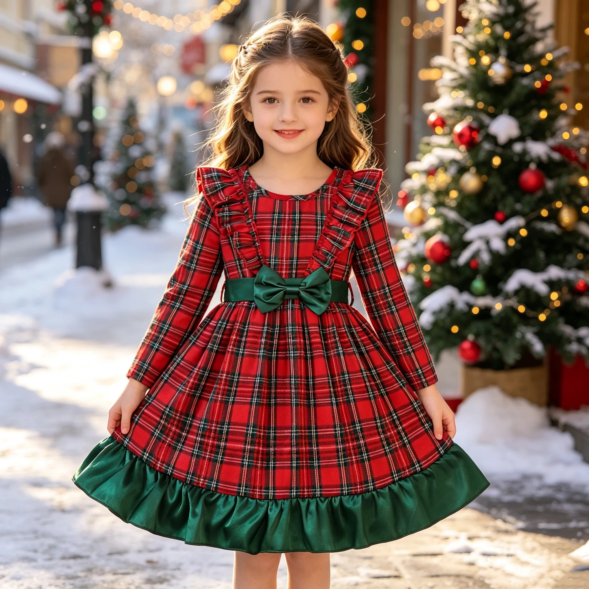 Kinder Weihnachtskleid mit Karomuster, Langarm, Rundhals, Rüschenrand, Schleife, Lässige Herbst-Winter-Kleidung für Kinder – Detail 2