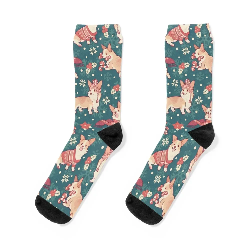 

Winter corgis in homely teal Socks anime men cotton high quality warm winter custom Ladies Socks Men's