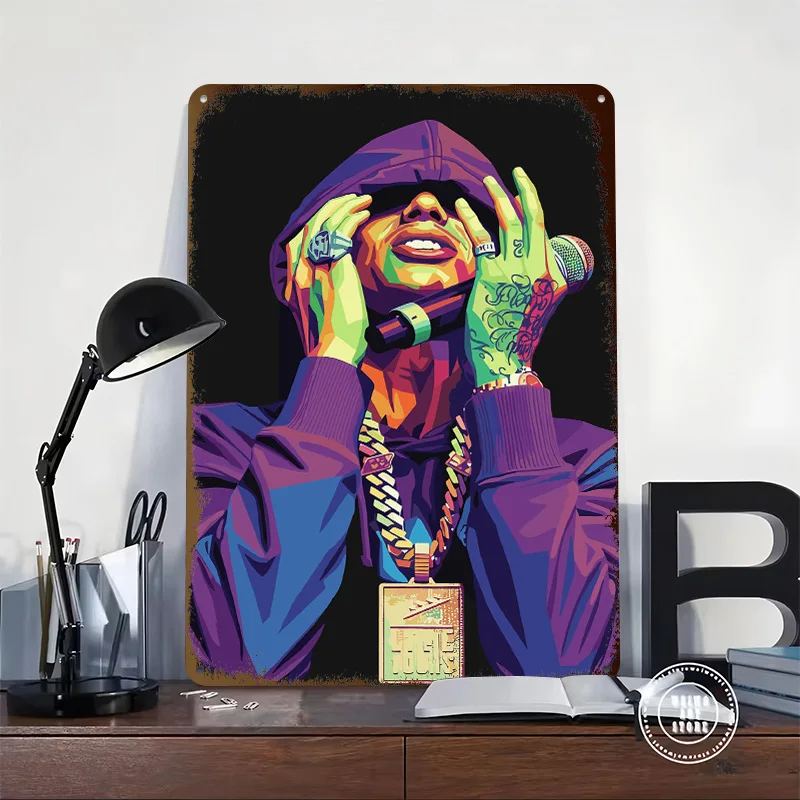 Rapper With Microphone and Chains 3D Printed Texture Poster Personalized Wall Art Retro Metal Tin Signs for Decoration Gaming