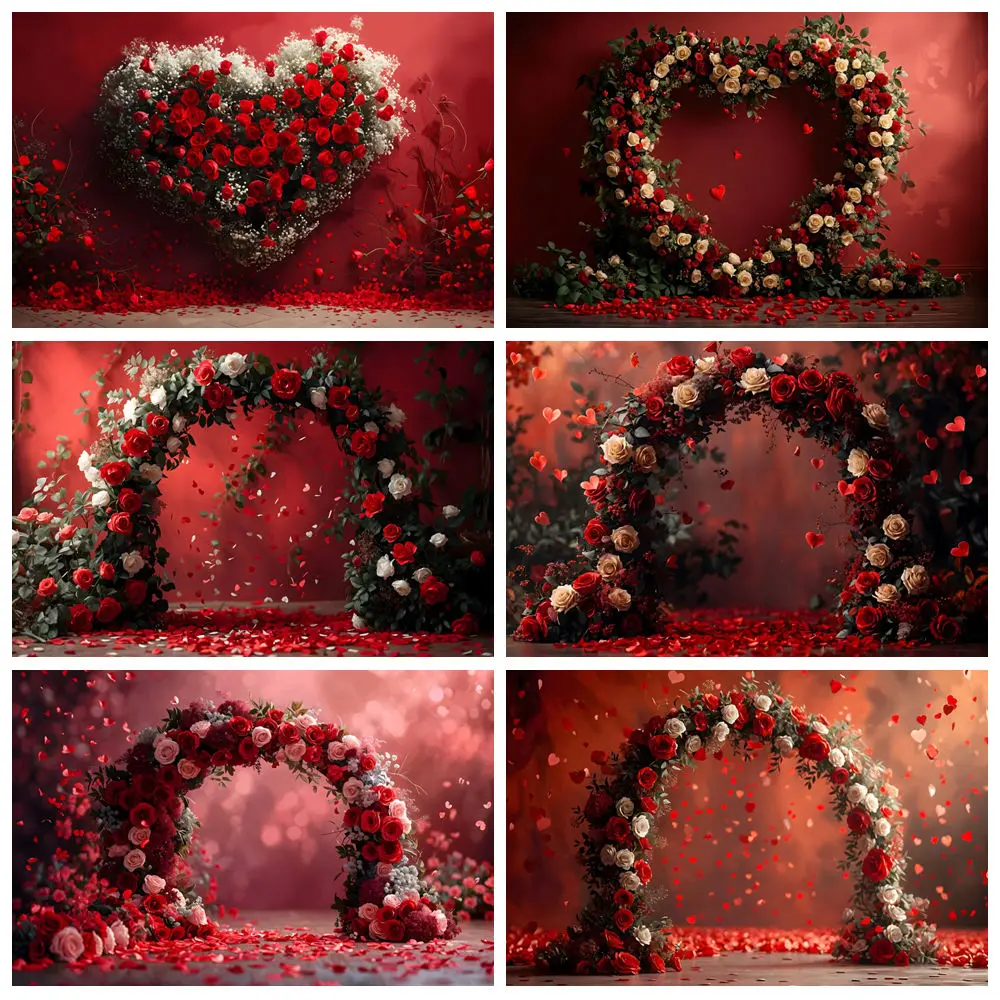 

Romantic Valentine's Day Backdrop For Photography Red Rose Love Heart Arch Wedding Decor Couple Portrait Background Photo Studio