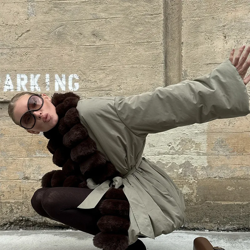 سترة نسائية فاخرة مرقعة من فرو المنك الصناعي بقصة ضيقة وأربطة وأكمام طويلة معطف مرن 2025 جديد للسيدات لخريف وشتاء ملابس خارجية #5