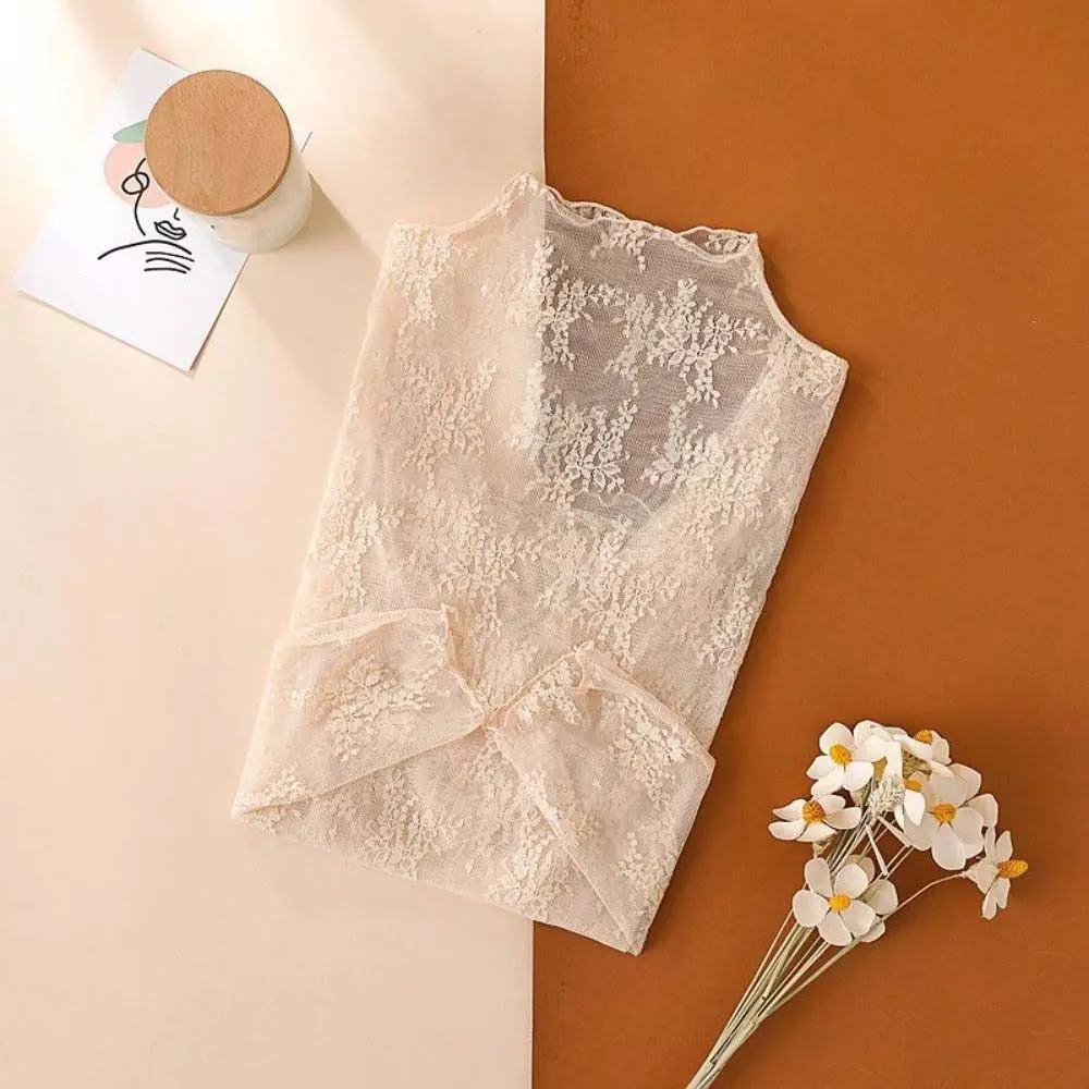 

Sweet Mesh Transparent T-shirt Long Sleeve Undershirt Lace Bottomed Blouse Hollow Sheer Tees Lace Floral Shirts Spring Autumn