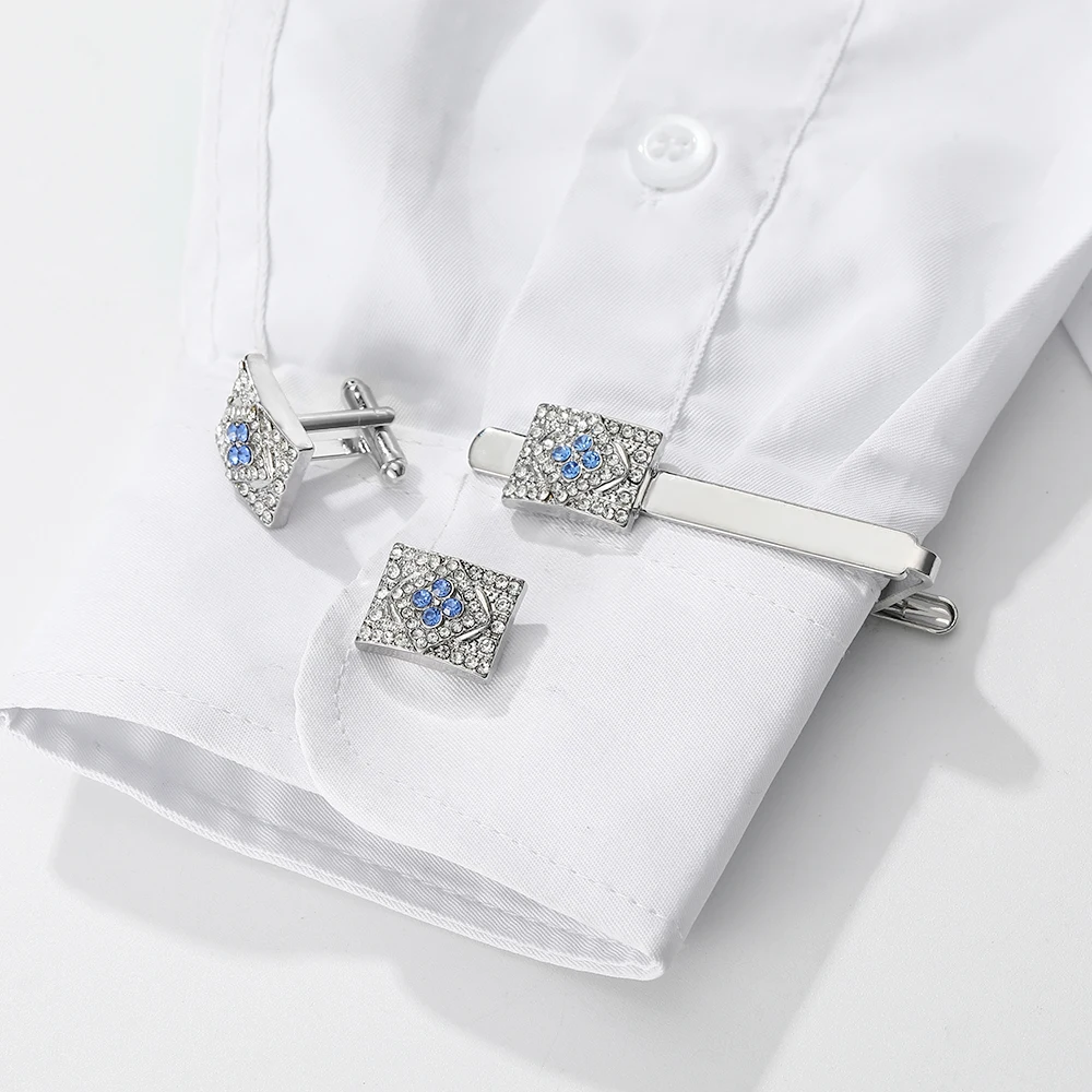 Novelty Luxury Rectangle Rhombus Full Crystal Cufflinks&Tie Clip Set Blue And Clear Rhinestone Paved Jewelry For Men