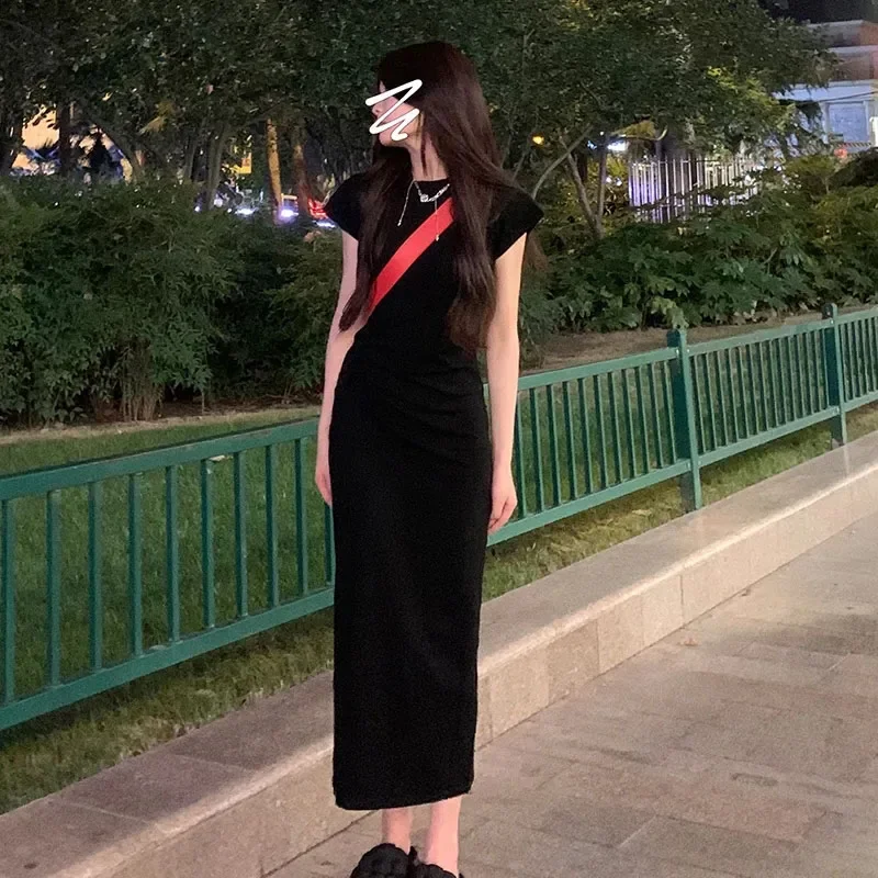 Lucyever Korean Style Slim Fit Maxi Dresses Women Elegant Street Black Straight Dress Ladies 2024 Summer Short Sleeve Midi Dress