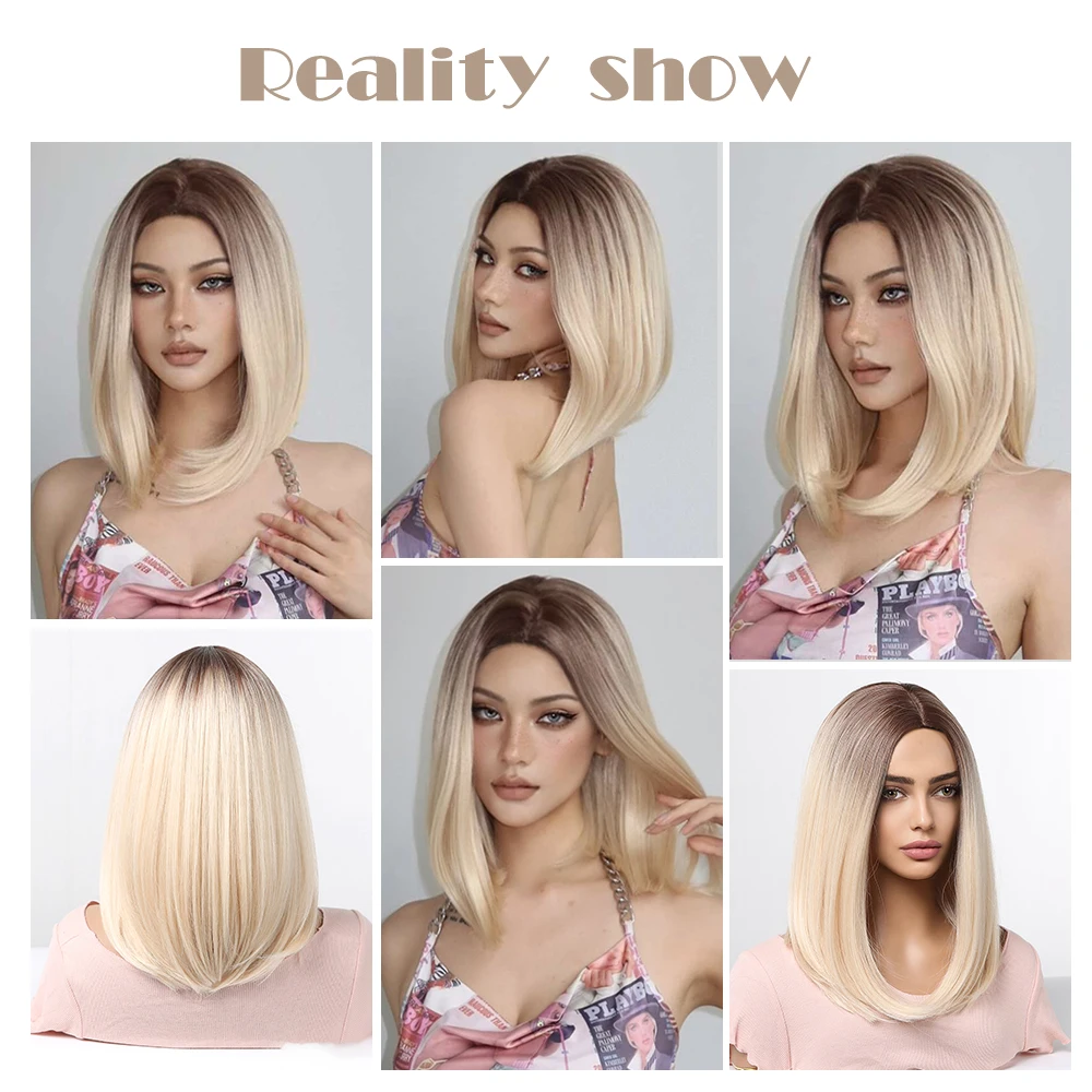 Krótkie peruki syntetyczne proste środkowa część Ombre blond Bob peruki dla kobiet codziennie na imprezę Cosplay naturalne odporne na ciepło