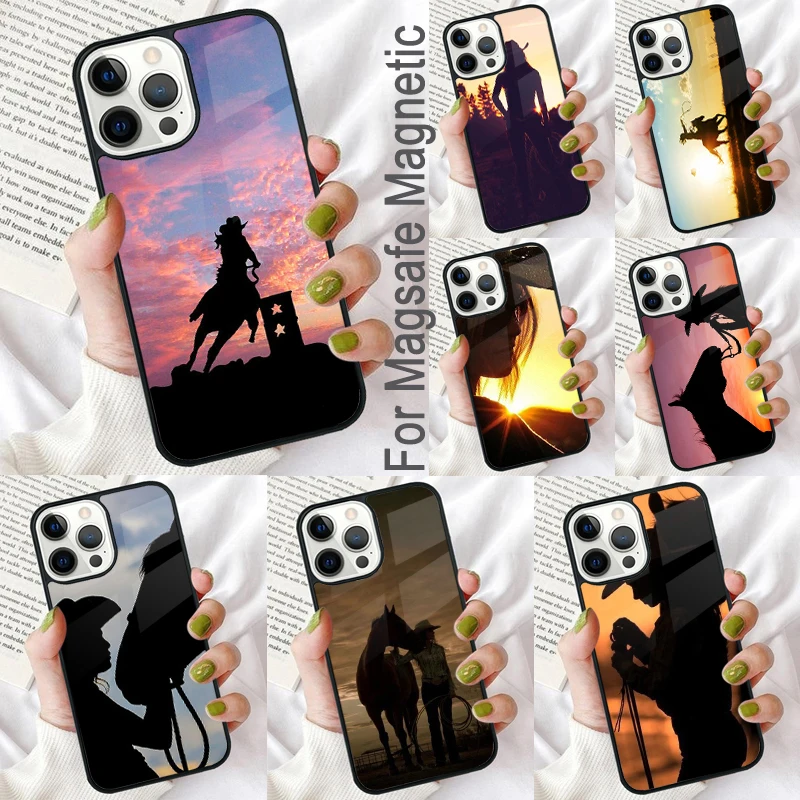 Sunset Cowgirl Horse Silhouette Magnetic Soft Phone Case for iPhone 16 Promax 15 Pro 13 14 Plus 11 12 Mini MagSafe Coque