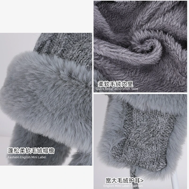 قبعة شتوية دافئة مبطنة بالصوف مع قبعة محبوكة من بوم بوم، محيط رأس كبير، قبعة حماية للأذن مقاومة للبرد