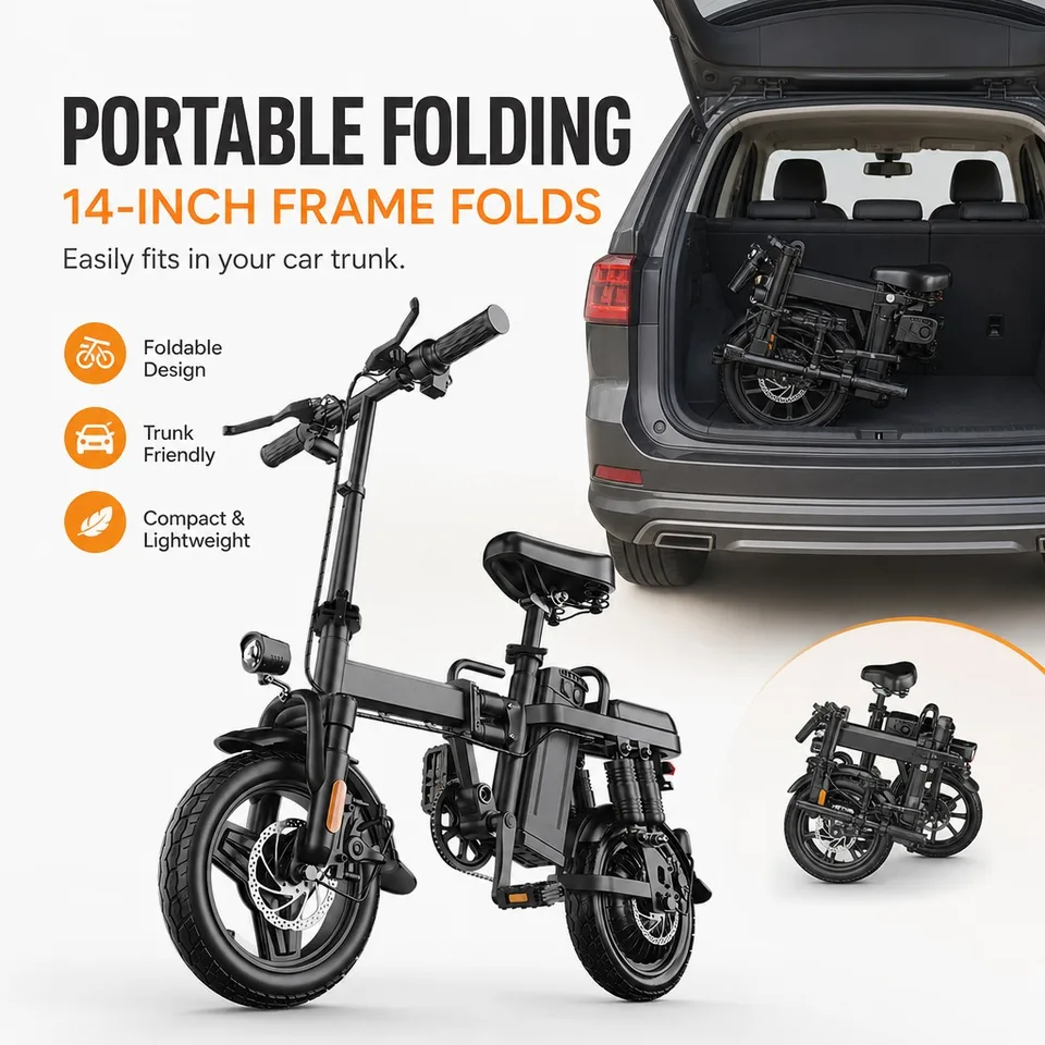 48V 500W Powerful Electric Bike, 43km/h Top Speed, 60km Assist Range, 14" Foldable Frame Fits Trunk, Dual Disc Brakes Rain-Ready, 150kg Load, Fenders & Basket Included, Commuter E-Bike image 5