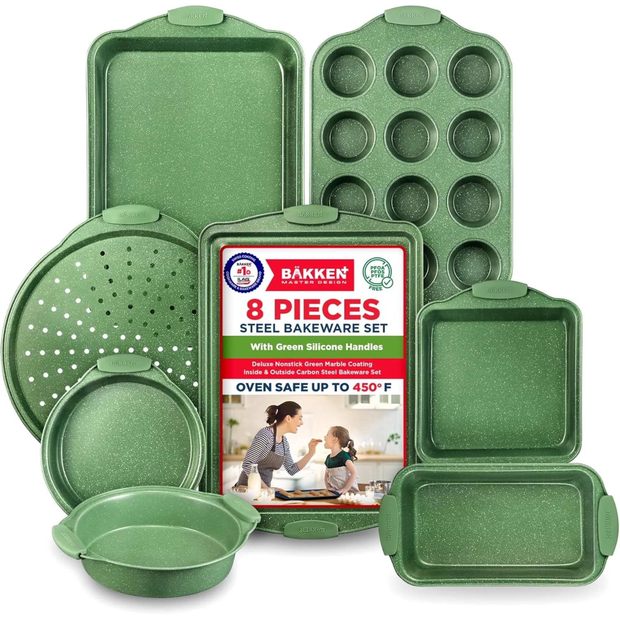 

Baking Pan Set - Nonstick Green Marble Coating, Carbon Steel Bakeware Sets with Green Silicone Handles