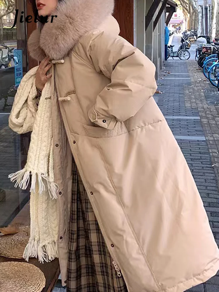 Jielur Khaki Mode koreanische Kapuze schlanke Taille weibliche Parkas dicken schicken Knopf lose einfache lässige Frauen Parkas langen Daunen mantel