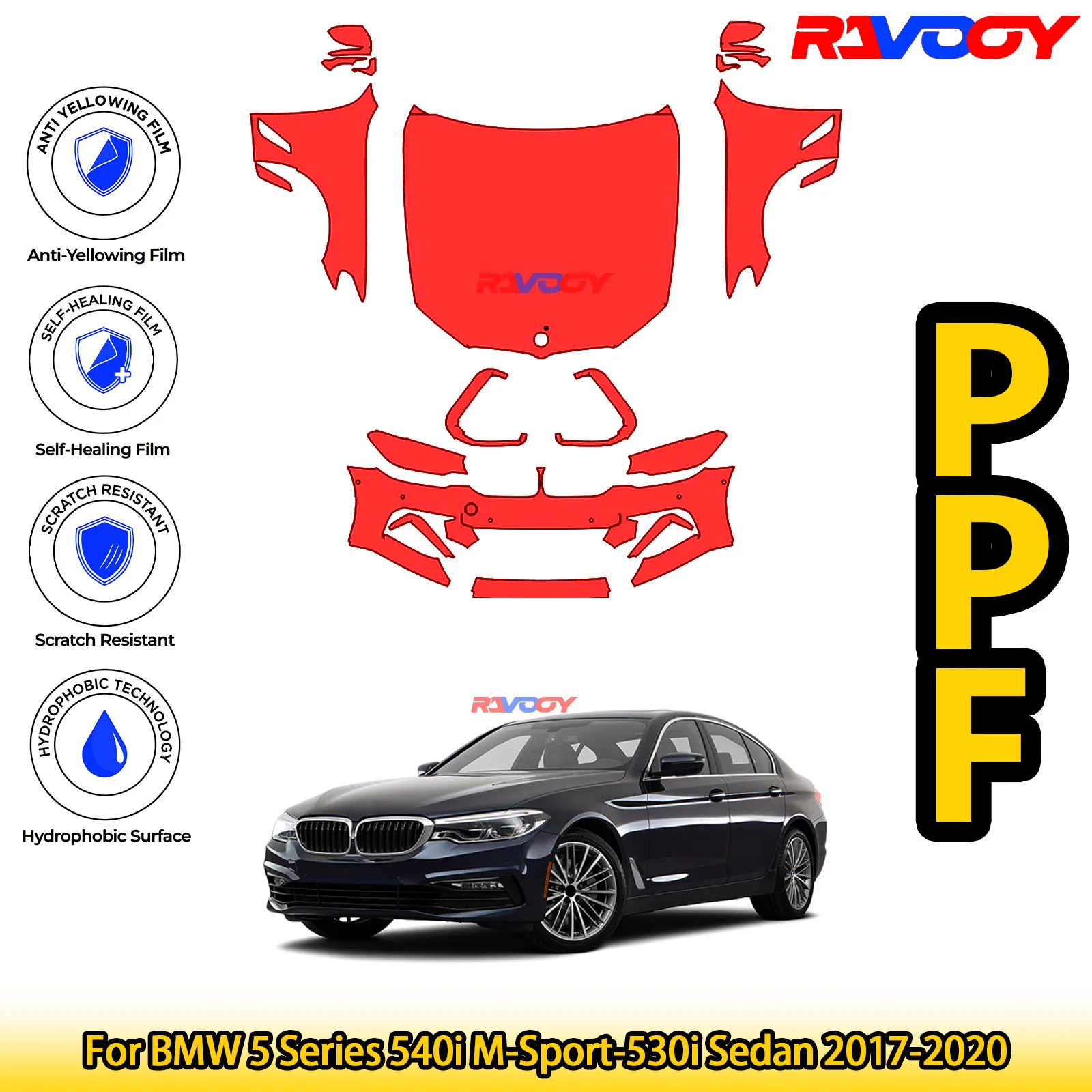 

Для BMW 5 серии 540i M-Sport-530i седан 2017-2020 глянцевый матовый черный предварительно вырезанный передний комплект PPF защитная пленка для краски