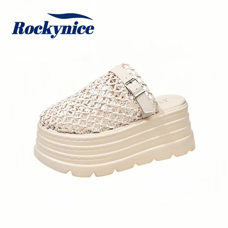 8CM Wedge Heels Mesh Platform Slippers Breathable Hollow Slip-on Sandals for Woman Thick Sole Summer Beach Casual Slides Ladies