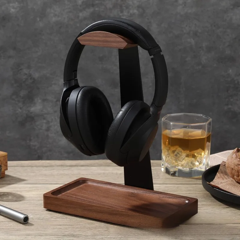 Black Walnut Headphone Stand, Over-Ear Headphone Holder, Solid Wood Desktop Organizer, Universal Headset Stand for Gamers