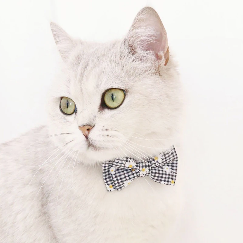 Daisy Plaid Pattern Cat Collar Adjustable Bowknot Kitten Bow Tie Lovey Puppy Necklace Decor Pets Accessories