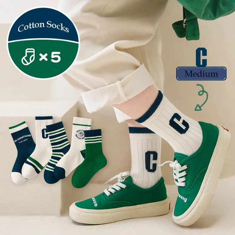 Calcetines de algodón con patrón de dibujos animados para niños, medias medianas, 5 pares, otoño