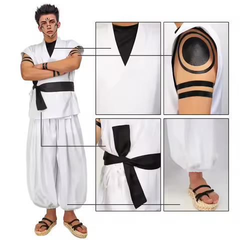 WENAM Men's US Size Ryomen Sukuna Cosplay Costume White Kung Fu Suit with Tattoo Stickers for Halloween Comic Con Outfits