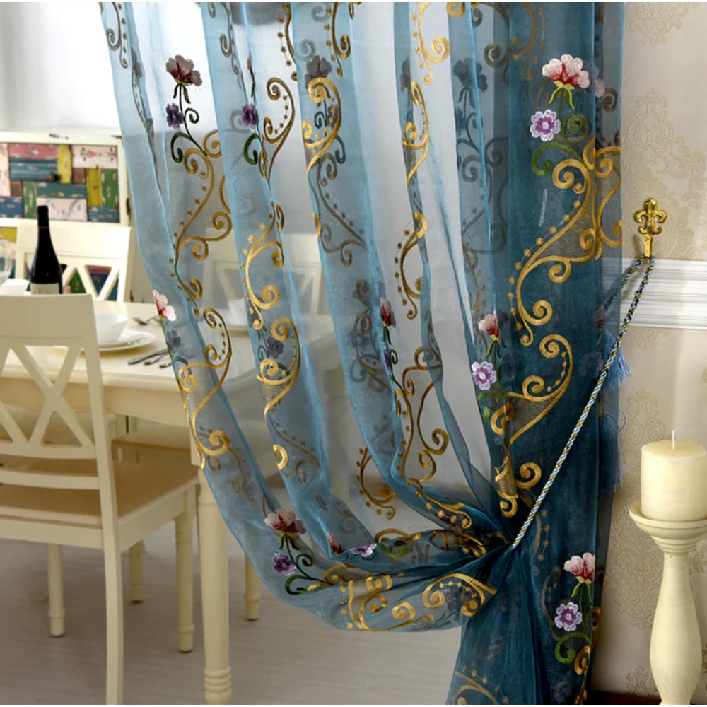 Door European luxury blue tulle curtains for living room bedroom embroidery partition translucent Window Elegant sheer yarm