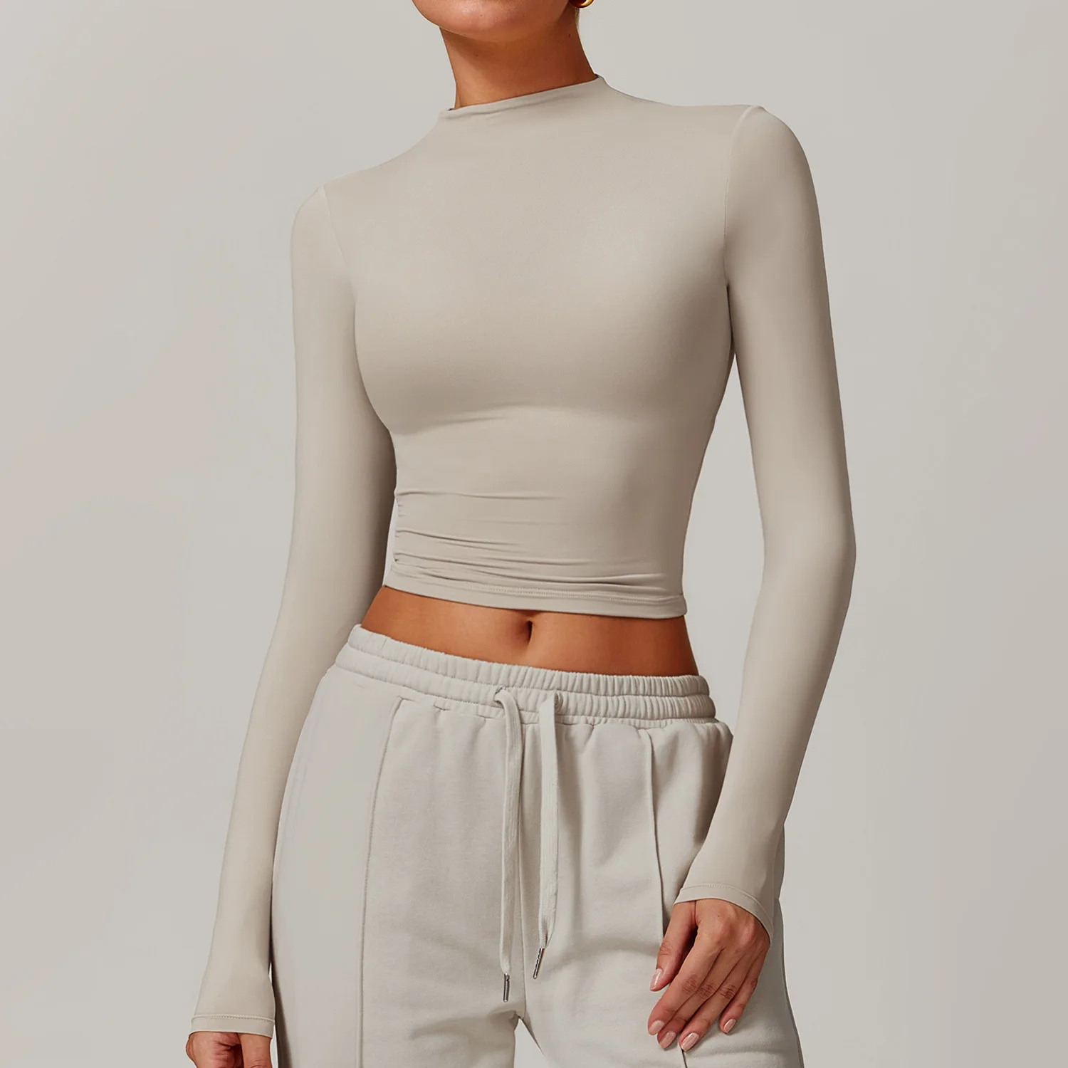 Women Crop Tops High Neck Yoga T-shirts Solid Sports Top Long Sleeve Running Shirts Exposed Navel Quick Dry Fitness Gym Sport