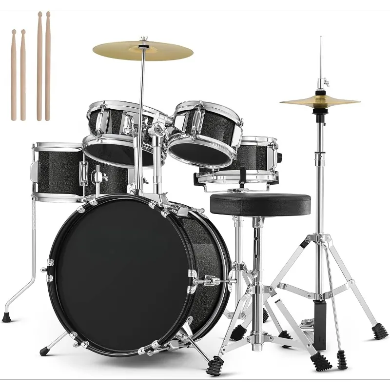 5-Piece for Beginners 14 inch Full Size Complete Junior Drum Kit with Adjustable Throne Cymbal Pedal Drumstick