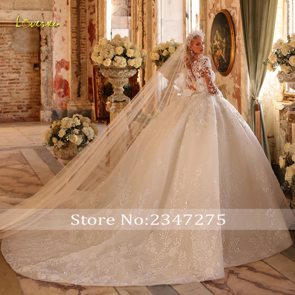 Loverxu Ball Gown Royal Wedding Dresses Scallopped Long Sleeve Vestido De Novia Lace Appliques Elegant Custom Made Bridal Gown