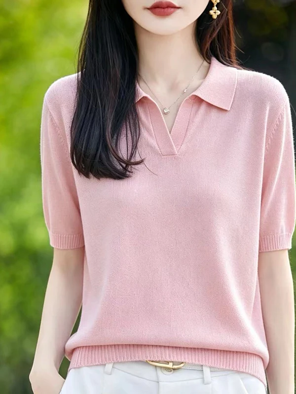 Light Mature Simple Style Ice Hemp Knitted Short Sleeve  Neck T-Shirt Women Summer Loose Versatile Slimming Breathable Top