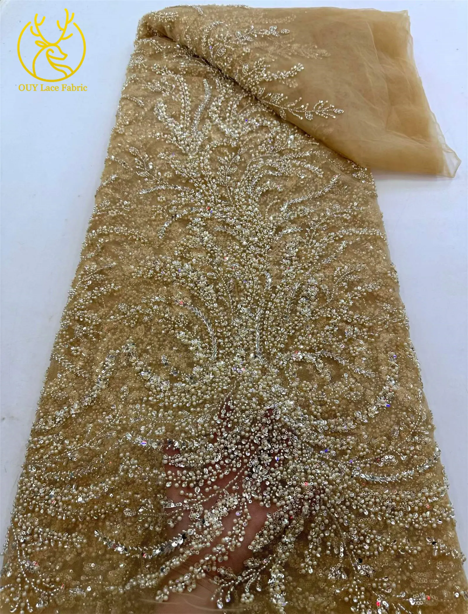 Luxuriöser goldener afrikanischer Pailletten-Spitzenstoff, hochwertiger französischer bestickter Spitzenstoff mit Perlen, nigerianischer Spitzenstoff für Damen-Partykleider – Detail 12