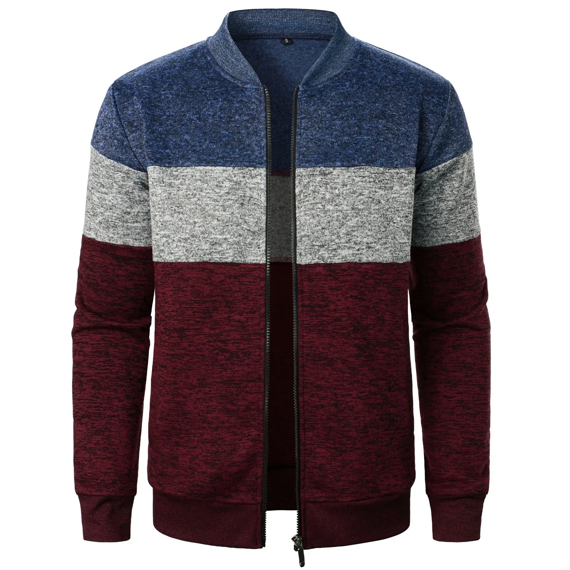 New Fashion Men's Contrast Color Striped Casual Trendy Simple Basic Stand Collar Long Sleeve Knitted Sweater Cardigan Male Coats