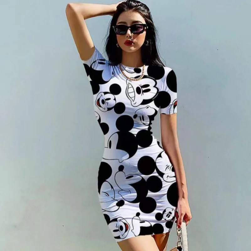 Disney Mickey Minnie Stitch Tight Fitting Dress Cartoon Sexy Print Woman's Dress Beach Party High Street Dresses Girls Gifts