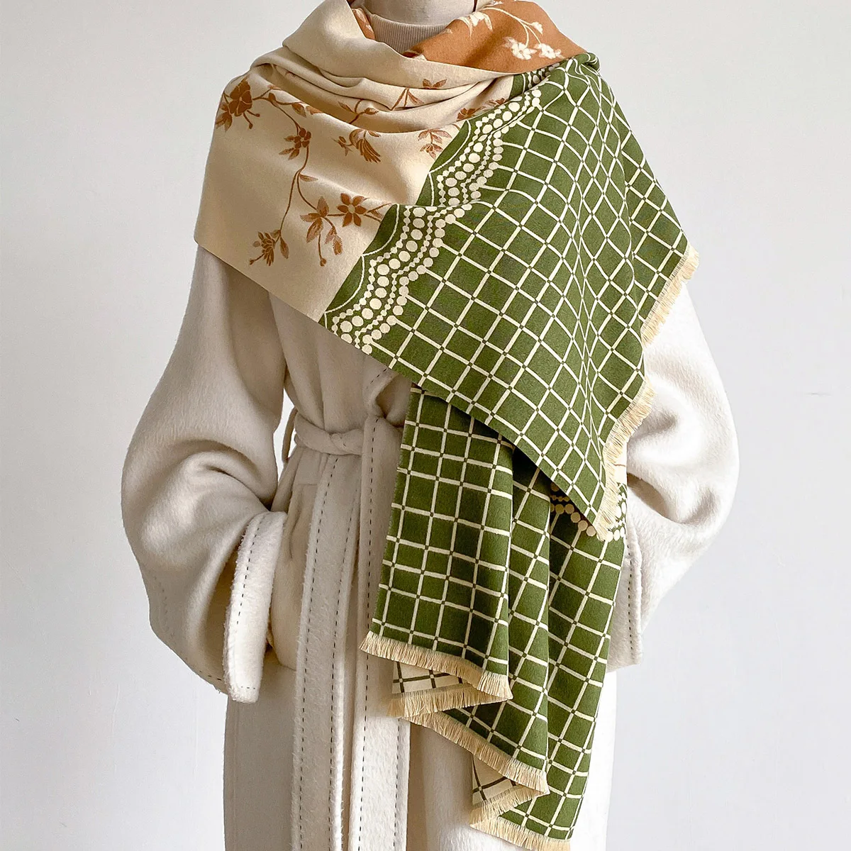 Winter High Grade Faux Cashmere Shawl Women Cream Vintage Delicate Branch Flower Pattern Thick Cozy Warm Large Wrap Scarf