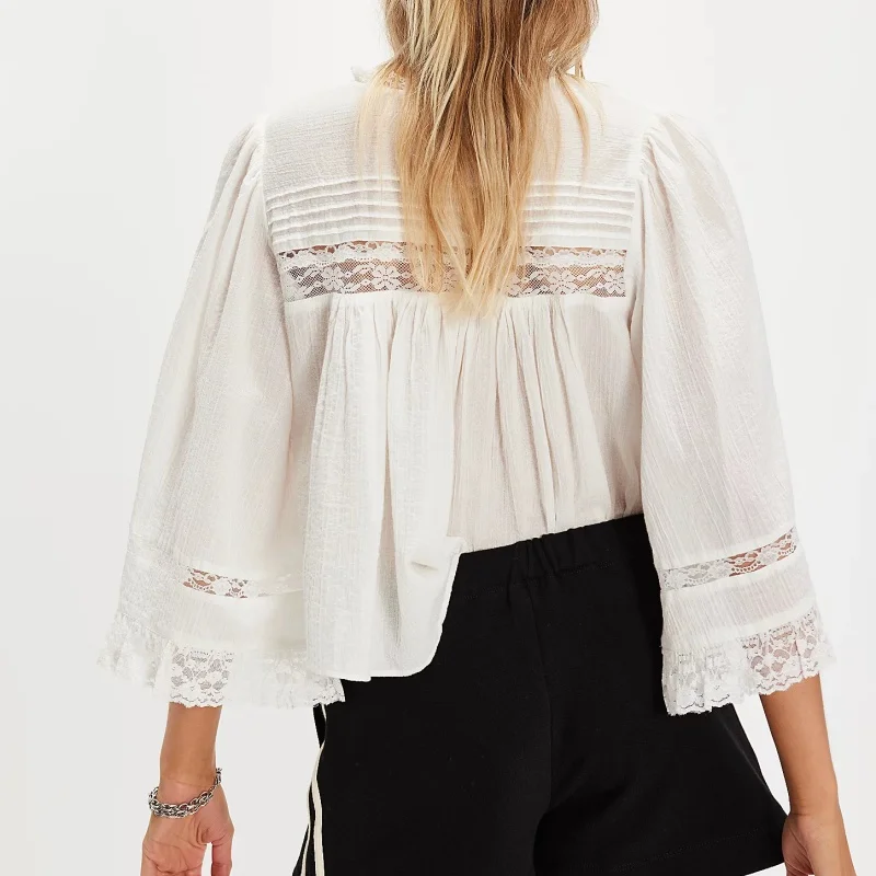 Tops de manga larga con volantes para mujer, camisetas sin mangas con botones delanteros, manga ancha 3/4, cuello en V, Color sólido, encaje semitransparente, camisetas sin mangas, ropa Y2k