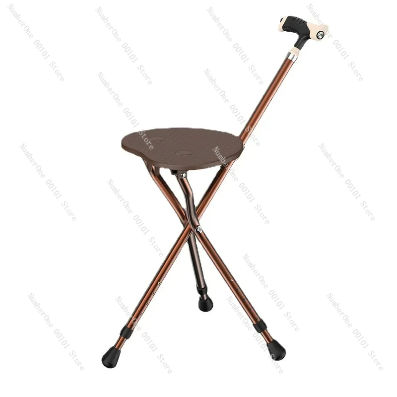 LED Light Elderly Crutch Chair Four-Legged Multi-Functional Non-Slip Stool Included Foldable Walking Stick with Seat