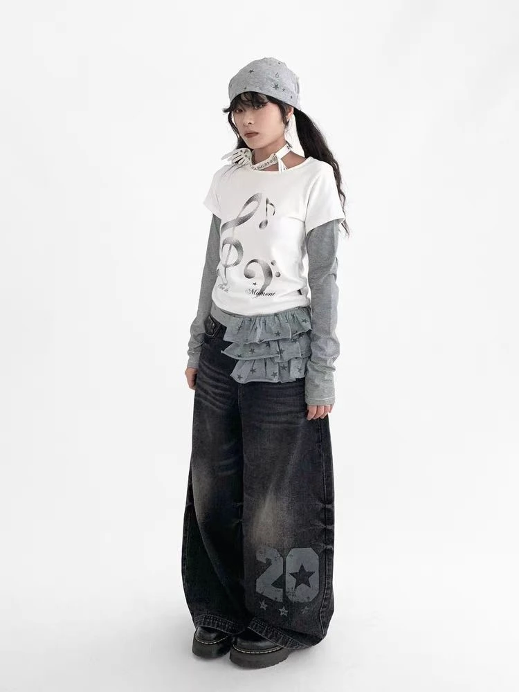 Print All-match Long Sleeve Slim Ropa Mujer Panelled Patchwork Minority Crop Top Korea Chic Ins Casual Feminine T-shirt