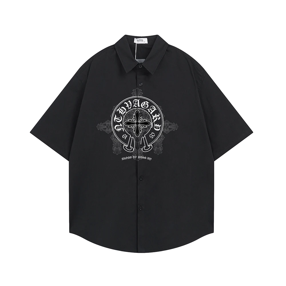 Gothic Short Sleeve Cross Printed Shirt Punk Shirts For Man Y2k Oversized Summer Cotton Designer Tops Korean Popular Clothes Men