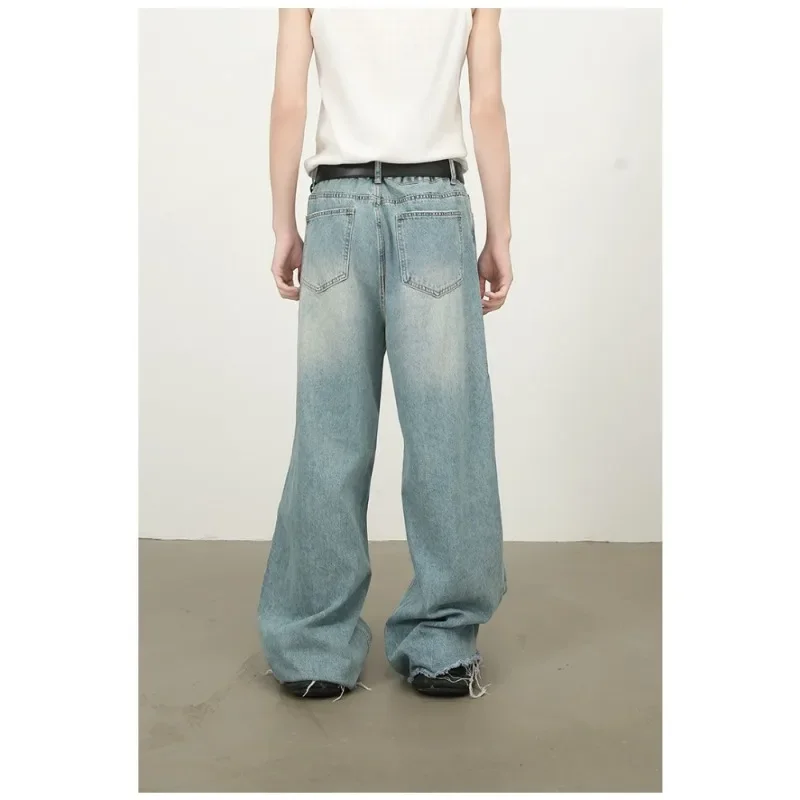 Denim Korean High Street Old Ripped Tassel Wide Legs Loose Straight Mopping Jeans Holes Hand Frayed Vintage Streetwear Y2K